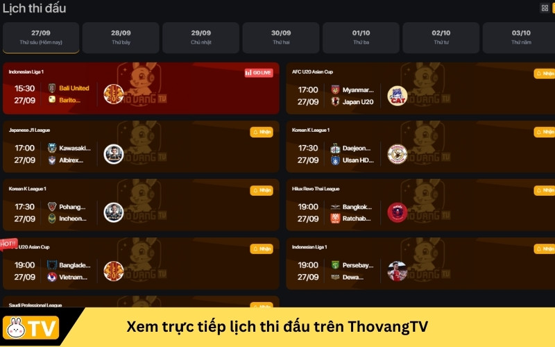 Xem trực tiếp lịch thi đấu trên ThovangTV